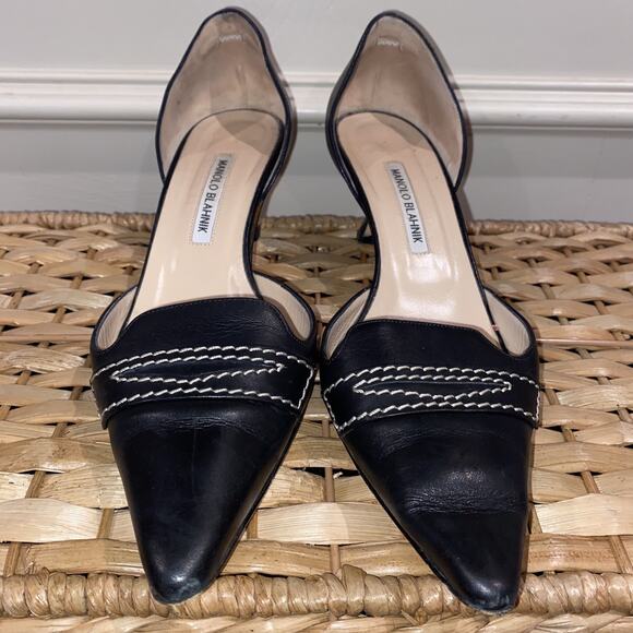 MANOLO BLAHNIK EU 39.5 US 9.5 Leather D’Orsay Kitten Heel Italy Made Shoes - Picture 1 of 8